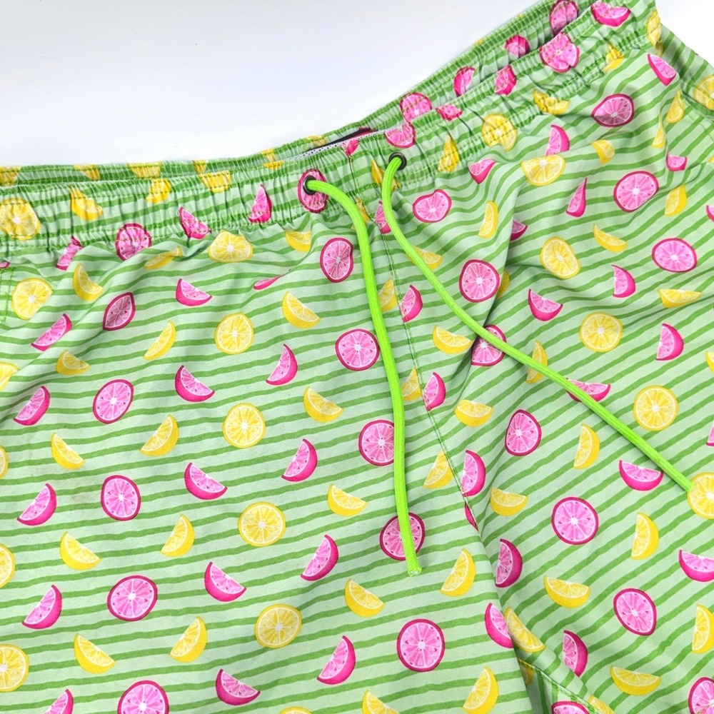 Party Sharks Swim Trunks Mens XXL Green Citrus Fruit Striped Beach